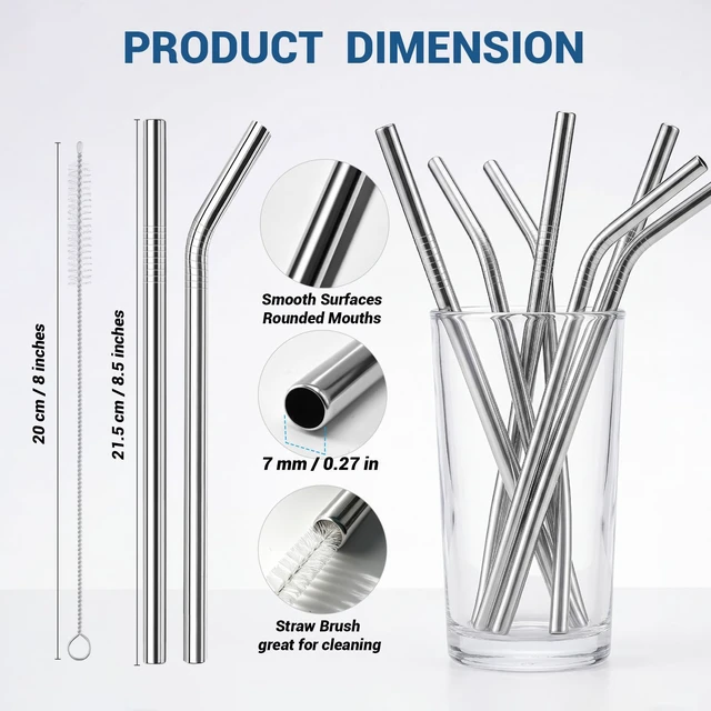 Alt view image 2 of 7 - 10 Pack 8.5 in x 8 mm Metal Straws Reusable Stainless Steel Straws | Set of 4 Straight 4 Bent Reusable Metal Drinking Straw with 2 Cleaning Brush for Cocktail Coffee Beverage (Silver)