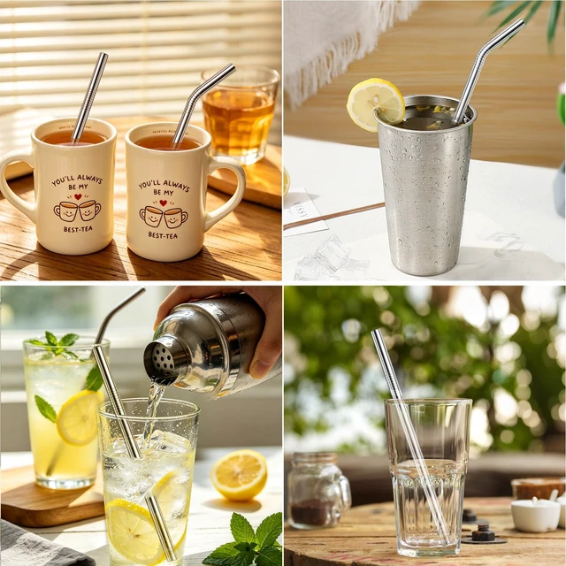 Alt view image 4 of 7 - 10 Pack 8.5 in x 8 mm Metal Straws Reusable Stainless Steel Straws | Set of 4 Straight 4 Bent Reusable Metal Drinking Straw with 2 Cleaning Brush for Cocktail Coffee Beverage (Silver)