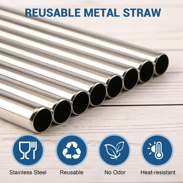 Alt view image 3 of 7 - 10 Pack 8.5 in x 8 mm Metal Straws Reusable Stainless Steel Straws | Set of 4 Straight 4 Bent Reusable Metal Drinking Straw with 2 Cleaning Brush for Cocktail Coffee Beverage (Silver)