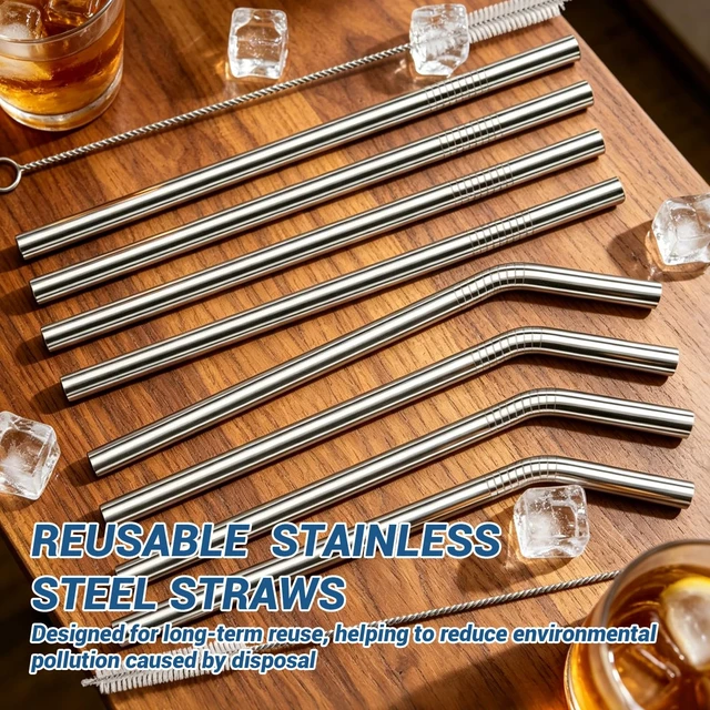 Alt view image 7 of 7 - 10 Pack 8.5 in x 8 mm Metal Straws Reusable Stainless Steel Straws | Set of 4 Straight 4 Bent Reusable Metal Drinking Straw with 2 Cleaning Brush for Cocktail Coffee Beverage (Silver)