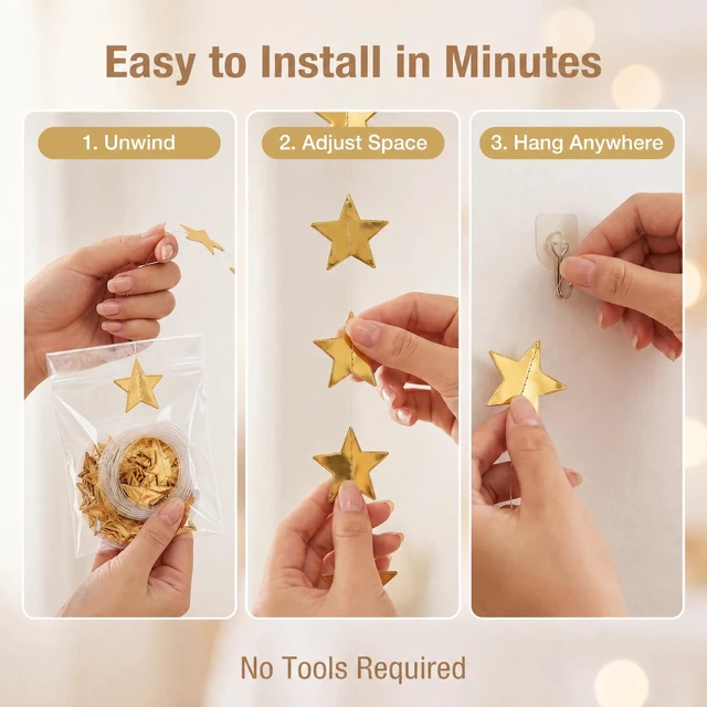Alt view image 4 of 7 - 131 Feet Gold Star Garland, 10 Strands Glitter Paper Star String, 2.4 Inch Hanging Star Decorations for Christmas Tree, Birthday Party, Wedding, Ceiling Decor, Gold Paper Stars for Party Decor