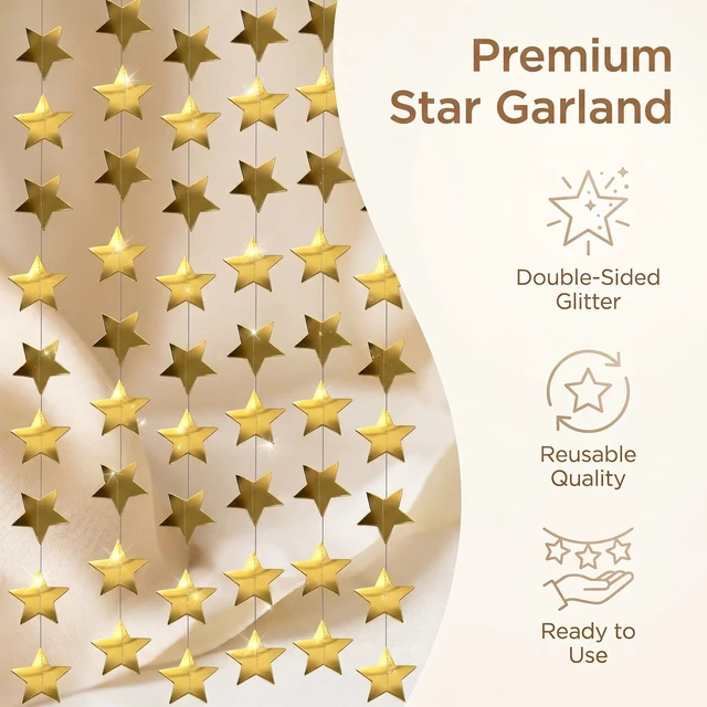 Alt view image 5 of 7 - 131 Feet Gold Star Garland, 10 Strands Glitter Paper Star String, 2.4 Inch Hanging Star Decorations for Christmas Tree, Birthday Party, Wedding, Ceiling Decor, Gold Paper Stars for Party Decor