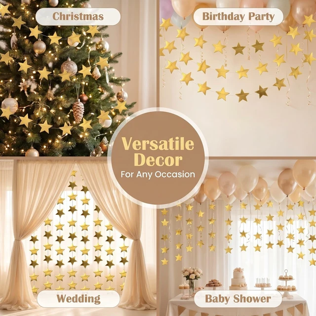 Alt view image 6 of 7 - 131 Feet Gold Star Garland, 10 Strands Glitter Paper Star String, 2.4 Inch Hanging Star Decorations for Christmas Tree, Birthday Party, Wedding, Ceiling Decor, Gold Paper Stars for Party Decor