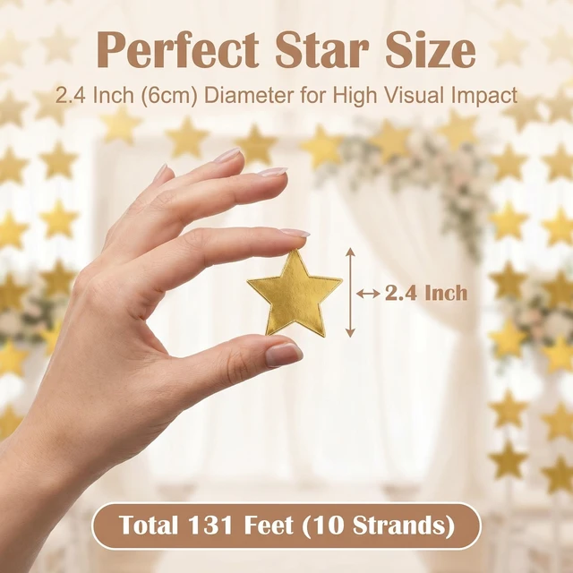 Alt view image 7 of 7 - 131 Feet Gold Star Garland, 10 Strands Glitter Paper Star String, 2.4 Inch Hanging Star Decorations for Christmas Tree, Birthday Party, Wedding, Ceiling Decor, Gold Paper Stars for Party Decor