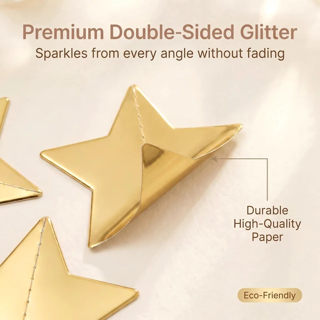 Alt view image 3 of 7 - 131 Feet Gold Star Garland, 10 Strands Glitter Paper Star String, 2.4 Inch Hanging Star Decorations for Christmas Tree, Birthday Party, Wedding, Ceiling Decor, Gold Paper Stars for Party Decor