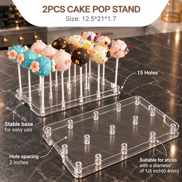 Alt view image 2 of 5 - 2 Pcs Cake Pop Stand with Sticks Kit,Lollipop Hold Stand,Clear Cake Pop Display Holder,15 Holes Candy Pop Holder with 80 Cake pop Sticks,80 Clear Wrappers,80 Gold Twist Ties