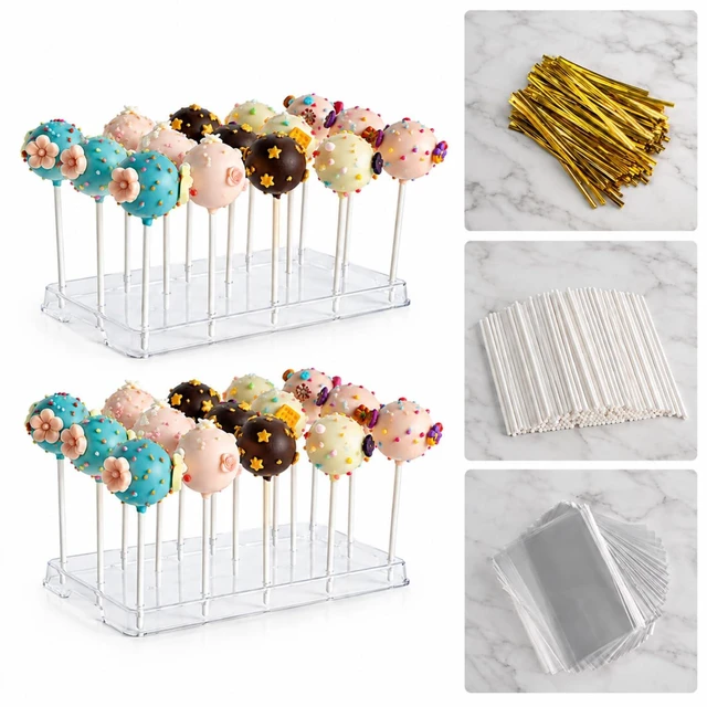 Main image of 2 Pcs Cake Pop Stand with Sticks Kit,Lollipop Hold Stand,Clear Cake Pop Display Holder,15 Holes Candy Pop Holder with 80 Cake pop Sticks,80 Clear Wrappers,80 Gold Twist Ties