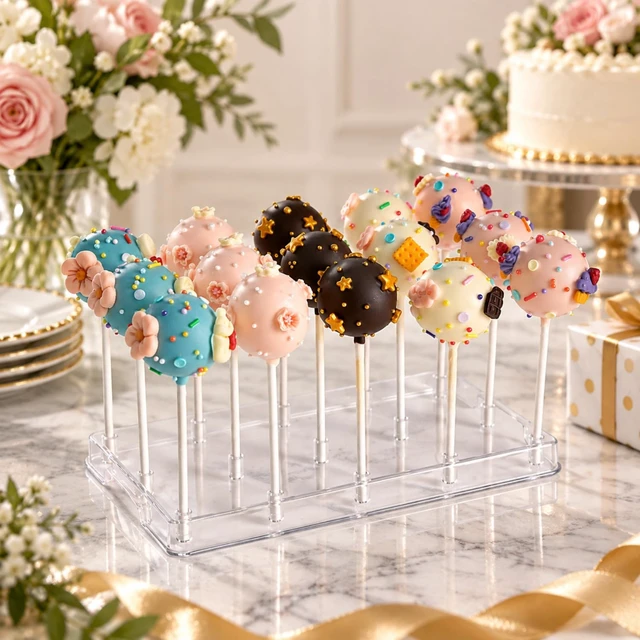 Alt view image 4 of 5 - 2 Pcs Cake Pop Stand with Sticks Kit,Lollipop Hold Stand,Clear Cake Pop Display Holder,15 Holes Candy Pop Holder with 80 Cake pop Sticks,80 Clear Wrappers,80 Gold Twist Ties