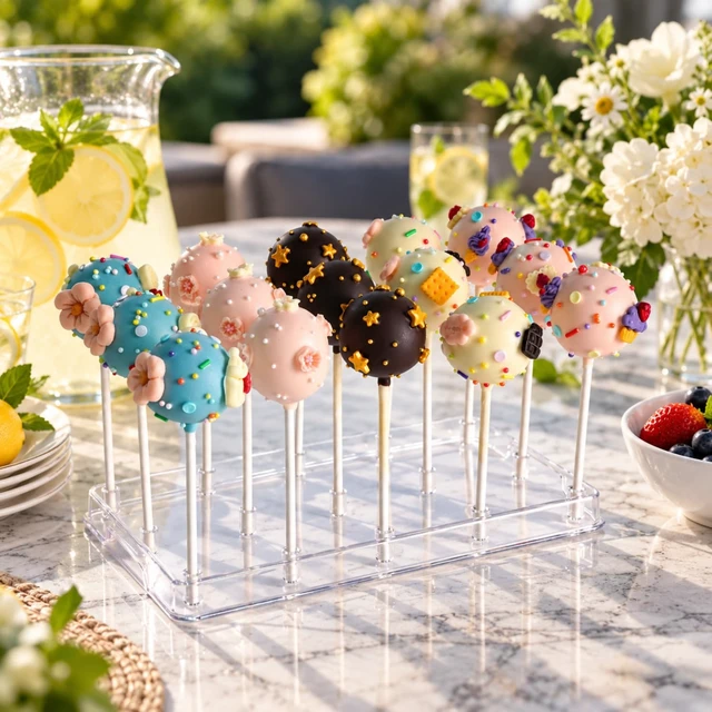 Alt view image 5 of 5 - 2 Pcs Cake Pop Stand with Sticks Kit,Lollipop Hold Stand,Clear Cake Pop Display Holder,15 Holes Candy Pop Holder with 80 Cake pop Sticks,80 Clear Wrappers,80 Gold Twist Ties