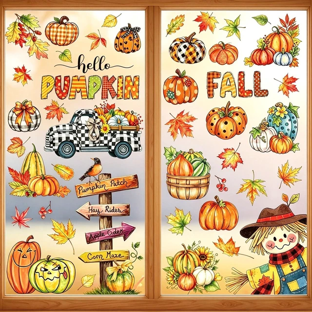 Main image of Fall Window Clings Maple Leaves Pumpkins Scarecrow Truck Autumn Harvest, 9 Sheets Thanksgiving Window Clings for Glass Windo Fall Decor Indoor Windo Decals