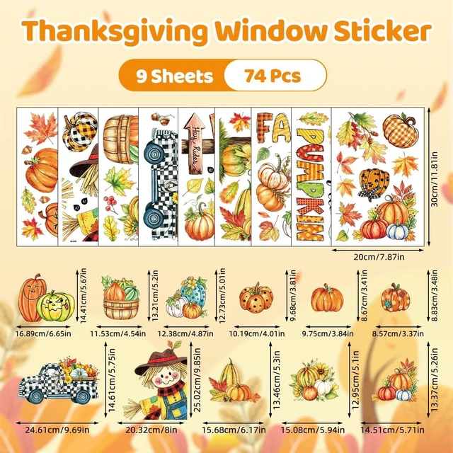 Alt view image 7 of 7 - 9 Sheet 74Pcs Thanksgiving Window Clings Decals Fall Decors | Double-Sided Reusable Static Decals Glass,Pumpkin Nuts Maple Leaves Autumn Decors Home School & Party Decor Indoor Outdoor