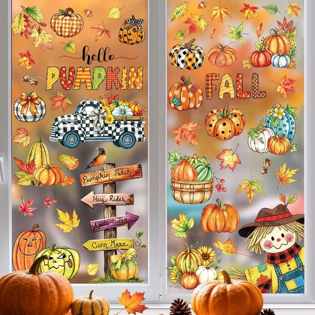 Alt view image 2 of 7 - Fall Window Clings Maple Leaves Pumpkins Scarecrow Truck Autumn Harvest, 9 Sheets Thanksgiving Window Clings for Glass Windo Fall Decor Indoor Windo Decals