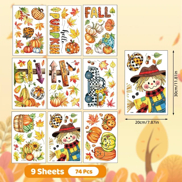 Alt view image 4 of 7 - Fall Window Clings Maple Leaves Pumpkins Scarecrow Truck Autumn Harvest, 9 Sheets Thanksgiving Window Clings for Glass Windo Fall Decor Indoor Windo Decals