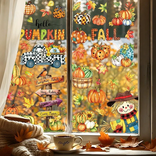Alt view image 6 of 7 - Fall Window Clings Maple Leaves Pumpkins Scarecrow Truck Autumn Harvest, 9 Sheets Thanksgiving Window Clings for Glass Windo Fall Decor Indoor Windo Decals