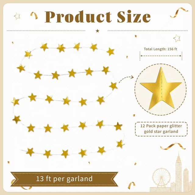 Alt view image 2 of 7 - 12 PCS Gold Star Garland Banner,156 FT Double Side Hanging Star Decorations | Paper Glitter Gold Star Garland Backdrop for Party Birthday Wedding Graduation and Classroom Decor