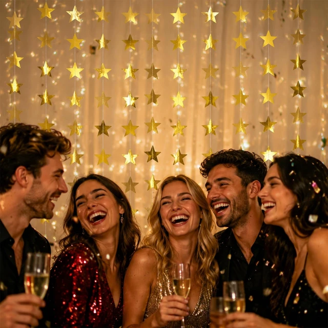 Alt view image 5 of 7 - 12 PCS Gold Star Garland Banner,156 FT Double Side Hanging Star Decorations | Paper Glitter Gold Star Garland Backdrop for Party Birthday Wedding Graduation and Classroom Decor