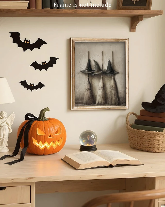 Alt view image 6 of 7 - Vintage Witch Hats and Brooms Print Spooky Gothic Halloween Decor, Halloween Home Decor Wall Art, Retro Moody Halloween Wall Art for Gallery Living Room Bathroom BedroomHoliday Gift - 8x10Inch Unframe