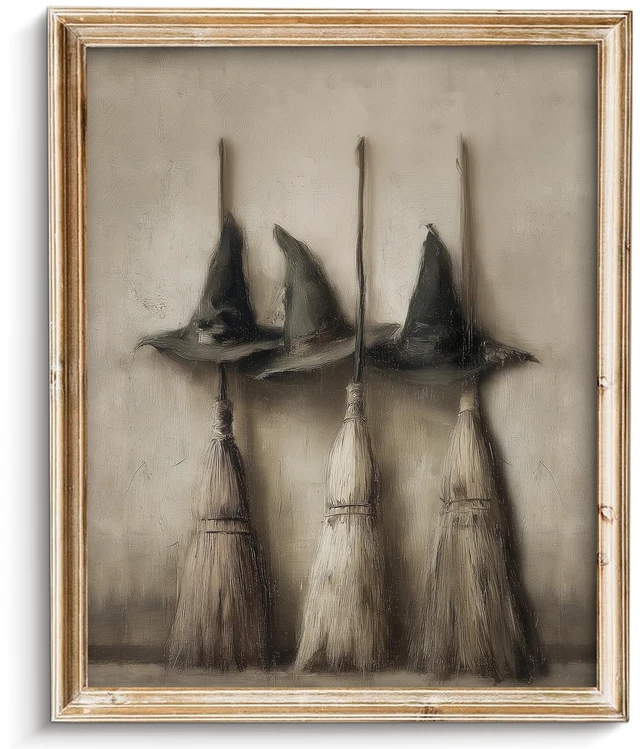 Main image of Vintage Witch Hats and Brooms Print Spooky Gothic Halloween Decor, Halloween Home Decor Wall Art, Retro Moody Halloween Wall Art for Gallery Living Room Bathroom BedroomHoliday Gift - 8x10Inch Unframe