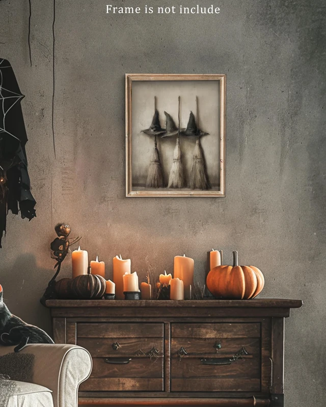 Alt view image 2 of 7 - Vintage Witch Hats and Brooms Print Spooky Gothic Halloween Decor, Halloween Home Decor Wall Art, Retro Moody Halloween Wall Art for Gallery Living Room Bathroom BedroomHoliday Gift - 8x10Inch Unframe