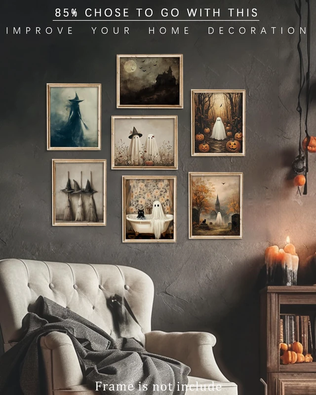 Alt view image 7 of 7 - Vintage Witch Hats and Brooms Print Spooky Gothic Halloween Decor, Halloween Home Decor Wall Art, Retro Moody Halloween Wall Art for Gallery Living Room Bathroom BedroomHoliday Gift - 8x10Inch Unframe
