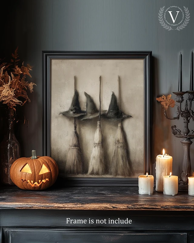 Alt view image 3 of 7 - Vintage Witch Hats and Brooms Print Spooky Gothic Halloween Decor, Halloween Home Decor Wall Art, Retro Moody Halloween Wall Art for Gallery Living Room Bathroom BedroomHoliday Gift - 8x10Inch Unframe