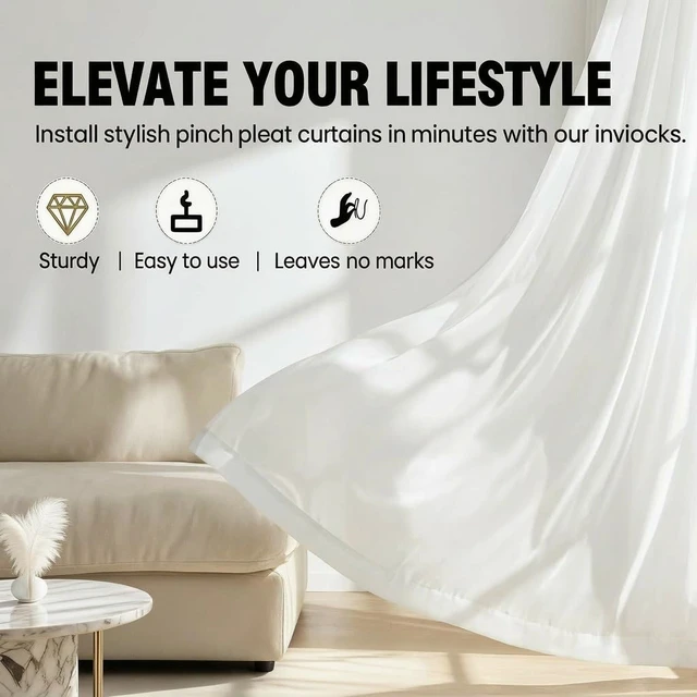 Alt view image 4 of 6 - 58pcs Heavy Duty Drapery Pins, Metal Curtain Hooks for Curtains | Pinch pleat drape compatibility, sharp points effortless installation, yellow zinc rust resistant finish