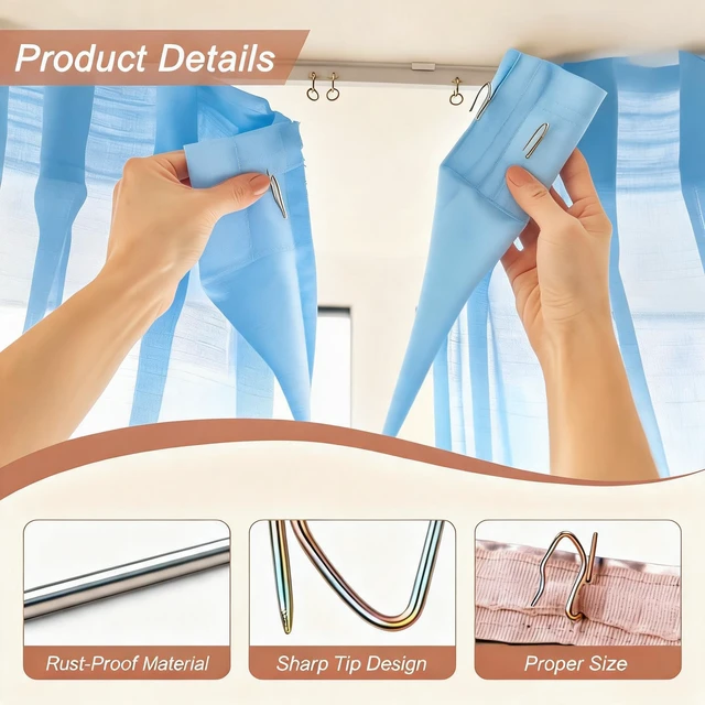 Alt view image 5 of 6 - 58pcs Heavy Duty Drapery Pins, Metal Curtain Hooks for Curtains | Pinch pleat drape compatibility, sharp points effortless installation, yellow zinc rust resistant finish