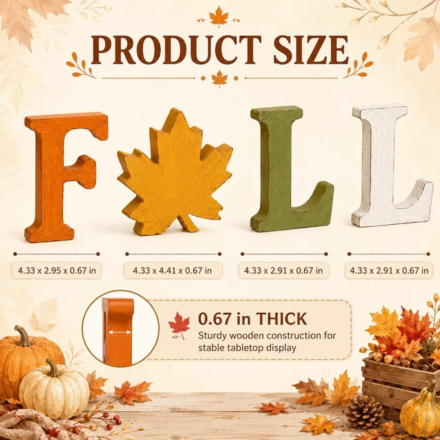 Alt view image 2 of 6 - Fall Decorations for Home, 4 PCS Wooden Table Signs, Autumn Letter Blocks | Vintage Farmhouse Harvest Decor for Thanksgiving Centerpieces, Mantel, Shelf, Tiered Tray, Kitchen Tabletop and Entryway