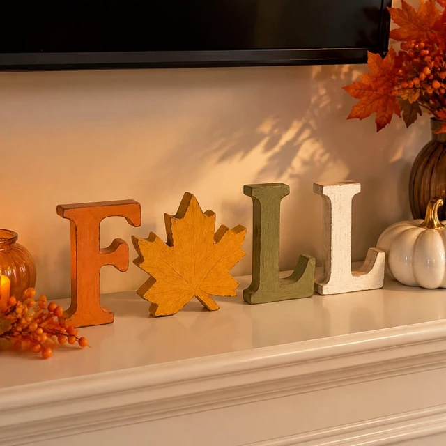 Alt view image 6 of 6 - Fall Decorations for Home, 4 PCS Wooden Table Signs, Autumn Letter Blocks | Vintage Farmhouse Harvest Decor for Thanksgiving Centerpieces, Mantel, Shelf, Tiered Tray, Kitchen Tabletop and Entryway