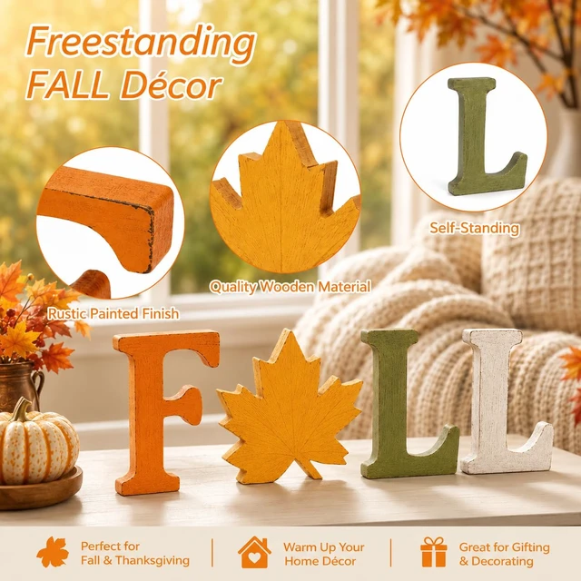 Alt view image 3 of 6 - Fall Decorations for Home, 4 PCS Wooden Table Signs, Autumn Letter Blocks | Vintage Farmhouse Harvest Decor for Thanksgiving Centerpieces, Mantel, Shelf, Tiered Tray, Kitchen Tabletop and Entryway