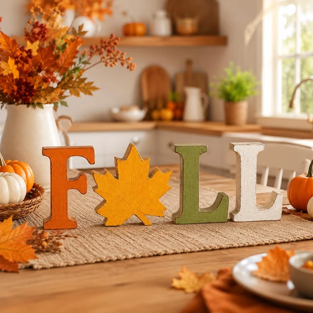 Alt view image 5 of 6 - Fall Decorations for Home, 4 PCS Wooden Table Signs, Autumn Letter Blocks | Vintage Farmhouse Harvest Decor for Thanksgiving Centerpieces, Mantel, Shelf, Tiered Tray, Kitchen Tabletop and Entryway