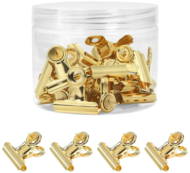 Main image of Golden Push Pins Clips (20 Pcs), Upgraded Thumb Tacks with Metal Clips for Cork Board, Bulletin Board Photos Notes Documents, No Hole Paper Clips Durable Office and School Supplies