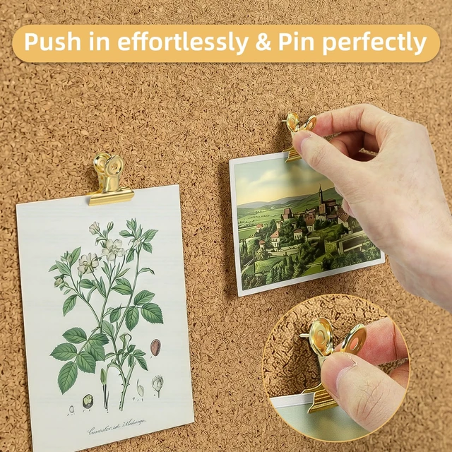 Alt view image 6 of 7 - Golden Push Pins Clips (20 Pcs), Upgraded Thumb Tacks with Metal Clips for Cork Board, Bulletin Board Photos Notes Documents, No Hole Paper Clips Durable Office and School Supplies