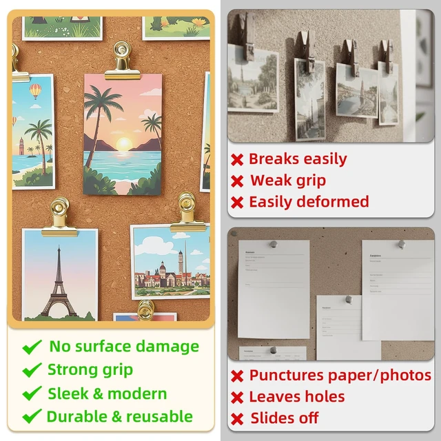 Alt view image 4 of 7 - Golden Push Pins Clips (20 Pcs), Upgraded Thumb Tacks with Metal Clips for Cork Board, Bulletin Board Photos Notes Documents, No Hole Paper Clips Durable Office and School Supplies