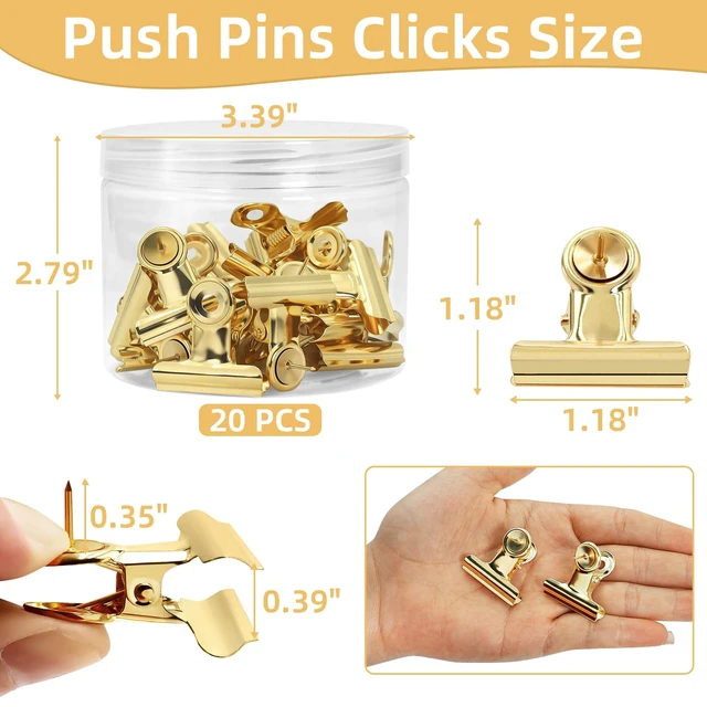 Alt view image 3 of 7 - Golden Push Pins Clips (20 Pcs), Upgraded Thumb Tacks with Metal Clips for Cork Board, Bulletin Board Photos Notes Documents, No Hole Paper Clips Durable Office and School Supplies