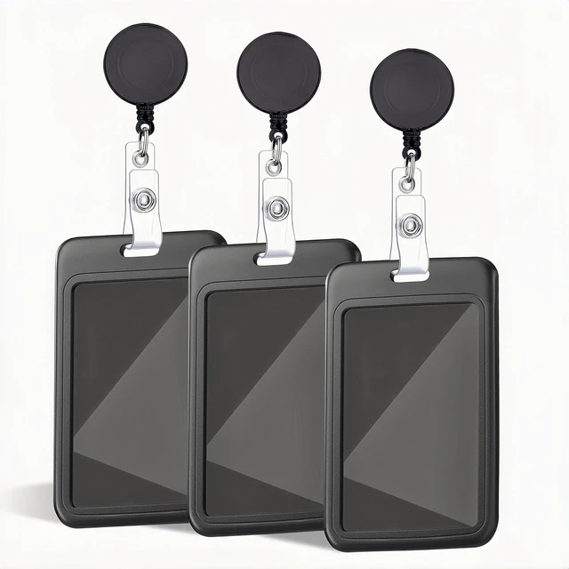 Main image of 3 Set Black Vertical Badge Holders | Plastic Card Protective Case with Telescopic ID Holder, Suitable for Access Control Cards, Work Cards, Teachers, Students.