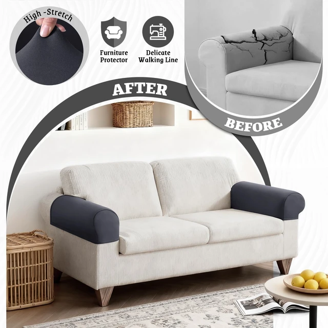 Alt view image 2 of 7 - Cushion Armrest Covers, Stretch 2PC Cushion Cover, Dark Grey | Couch Cover for Sectional Sofa, Washable L Shaped Couch Cover, Individual Couch Cushion Covers Furniture Protector for Pets