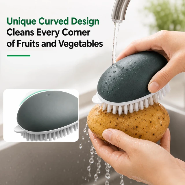 Alt view image 4 of 7 - Vegetable Brush Scrubber,Fruit & Potato Scrubber Brush,Vented Box,Gray | Deep-Cleaning Stiff Bristles,Vented Storage Box,Dry Quickly,Comfortable Ergonomic Handle,Ideal for Daily Produce Cleaning