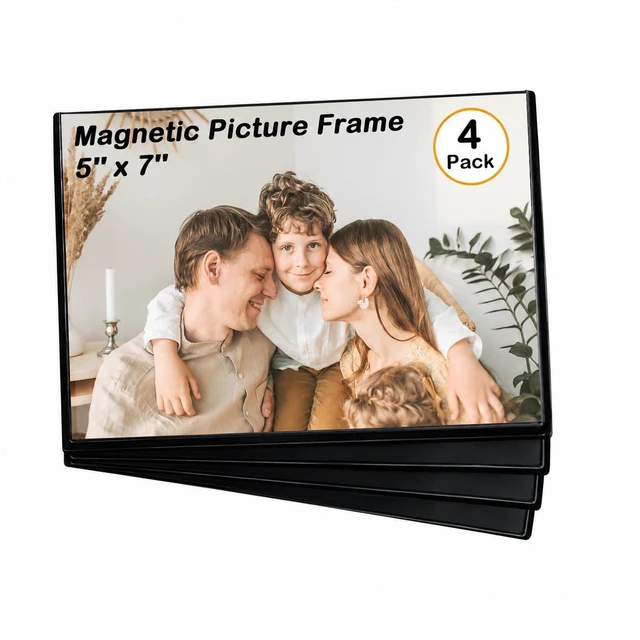 Main image of 5x7 Magnetic Picture Frames, 4 Pack for Refrigerator, Black | Reusable 5x7 magnetic picture frames with full-back magnets for refrigerators, lockers, cabinets and magnetic boards.