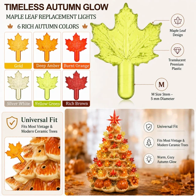 Alt view image 4 of 6 - 60pcs Fall Ceramic Tree Replacement Lights, Maple Leaf, 6 Color | Autumn Tree Topper Ornaments, Ceramic Christmas Tree Bulbs Pegs, for Thanksgiving Harvest Halloween, Home Decor