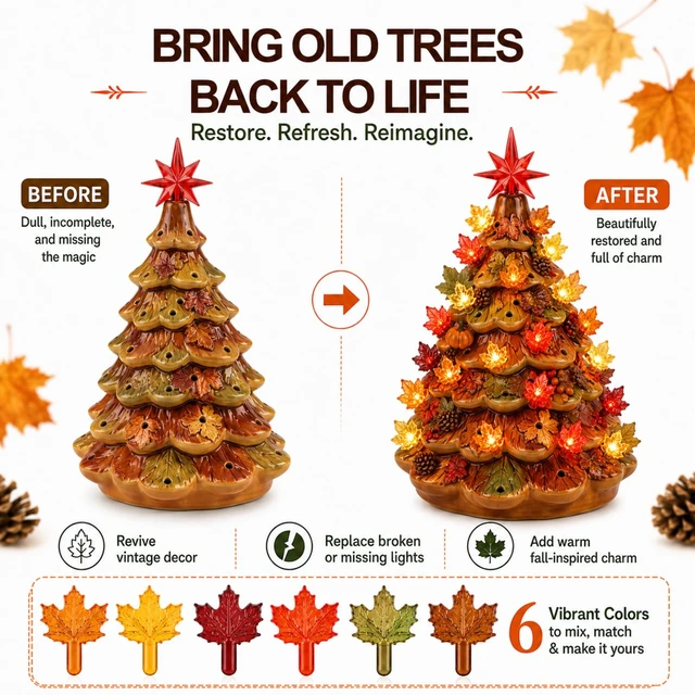 Alt view image 5 of 6 - 60pcs Fall Ceramic Tree Replacement Lights, Maple Leaf, 6 Color | Autumn Tree Topper Ornaments, Ceramic Christmas Tree Bulbs Pegs, for Thanksgiving Harvest Halloween, Home Decor