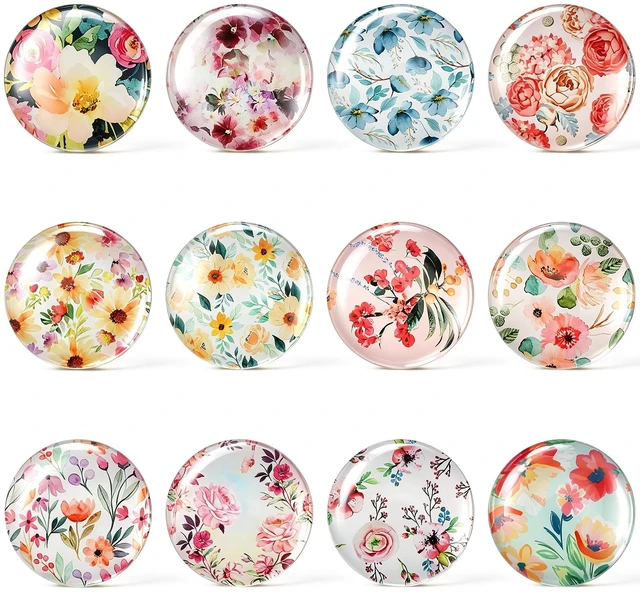 Main image of 12Pcs 1.2in Round 3D Floral Glass Fridge Magnets,Strong & Non Scratch Design for Fridge,Locker,Office,Classroom & Kitchen Decor,Colorful Flower Pattern,Upgraded Magnet Version