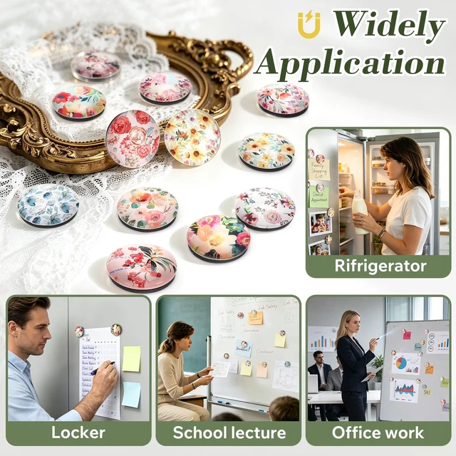 Alt view image 6 of 6 - 12Pcs 1.2in Round 3D Floral Glass Fridge Magnets,Strong & Non Scratch Design for Fridge,Locker,Office,Classroom & Kitchen Decor,Colorful Flower Pattern,Upgraded Magnet Version