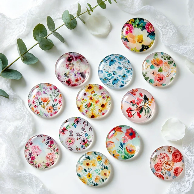Alt view image 2 of 6 - 12Pcs 1.2in Round 3D Floral Glass Fridge Magnets,Strong & Non Scratch Design for Fridge,Locker,Office,Classroom & Kitchen Decor,Colorful Flower Pattern,Upgraded Magnet Version