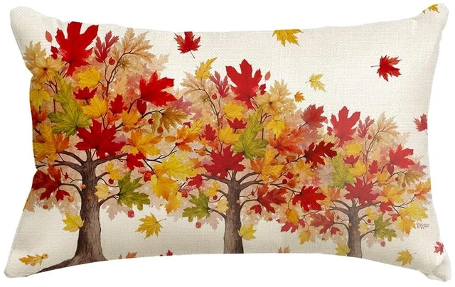 Main image of Fall Pillow Cover 12x20 Maple Tree Autumn Thanksgiving Decor | Red Leaf Lumbar Cushion Case,Linen Fabric,Machine Washable,Perfect for Sofa Couch Porch Farmhouse