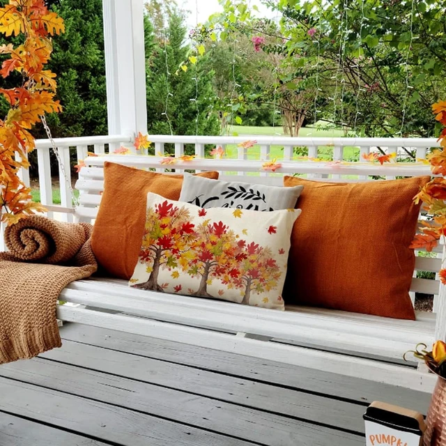 Alt view image 2 of 7 - Fall Pillow Cover 12x20 Maple Tree Autumn Thanksgiving Decor | Red Leaf Lumbar Cushion Case,Linen Fabric,Machine Washable,Perfect for Sofa Couch Porch Farmhouse