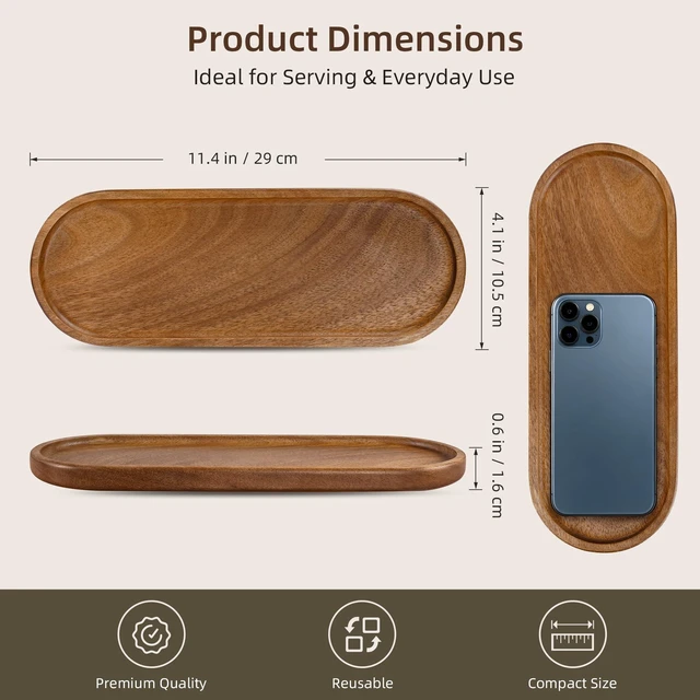 Alt view image 2 of 7 - Small Acacia Wood Serving Tray, Wooden Decorative Tray for Coffee Table, Kitchen, Bathroom Counter - Wood Platter for Candles, Perfume, Snacks (11.4 x 4.1 x 0.6 in)