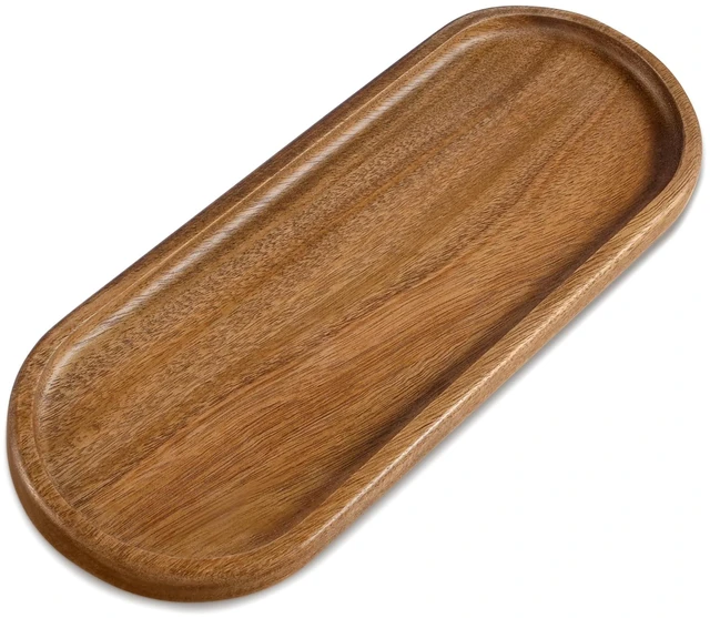Main image of Small Acacia Wood Serving Tray, Wooden Decorative Tray for Coffee Table, Kitchen, Bathroom Counter - Wood Platter for Candles, Perfume, Snacks (11.4 x 4.1 x 0.6 in)