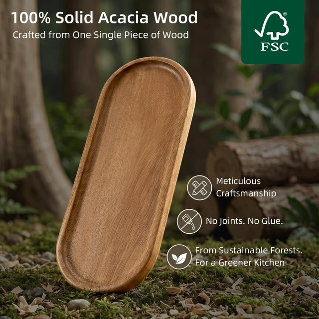 Alt view image 4 of 7 - Small Acacia Wood Serving Tray, Wooden Decorative Tray for Coffee Table, Kitchen, Bathroom Counter - Wood Platter for Candles, Perfume, Snacks (11.4 x 4.1 x 0.6 in)