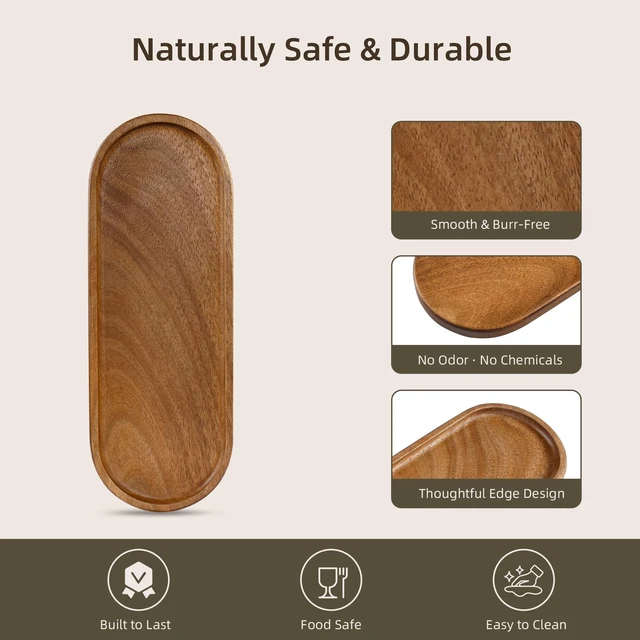 Alt view image 5 of 7 - Small Acacia Wood Serving Tray, Wooden Decorative Tray for Coffee Table, Kitchen, Bathroom Counter - Wood Platter for Candles, Perfume, Snacks (11.4 x 4.1 x 0.6 in)